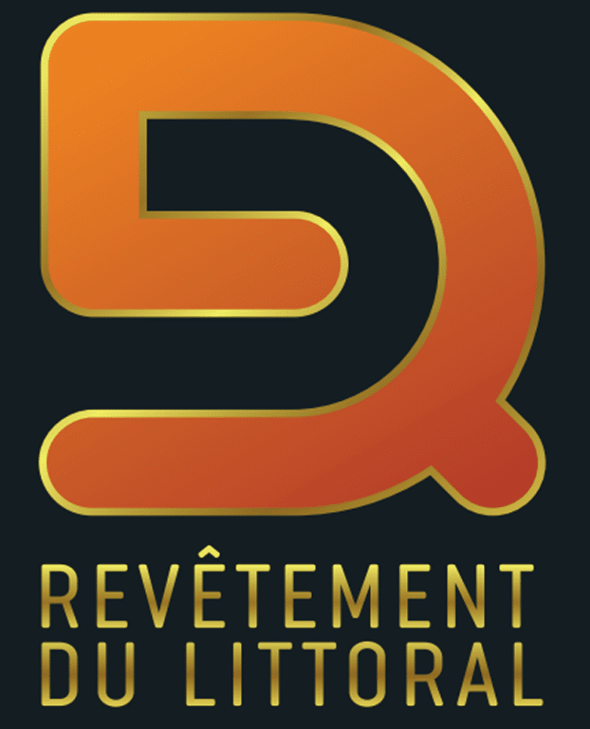 Revêtement du Littoral : Logo Expert en Revêtements Logo D stylisé orange dégradé, texte doré REVÊTEMENT DU LITTORAL sur fond sombre.